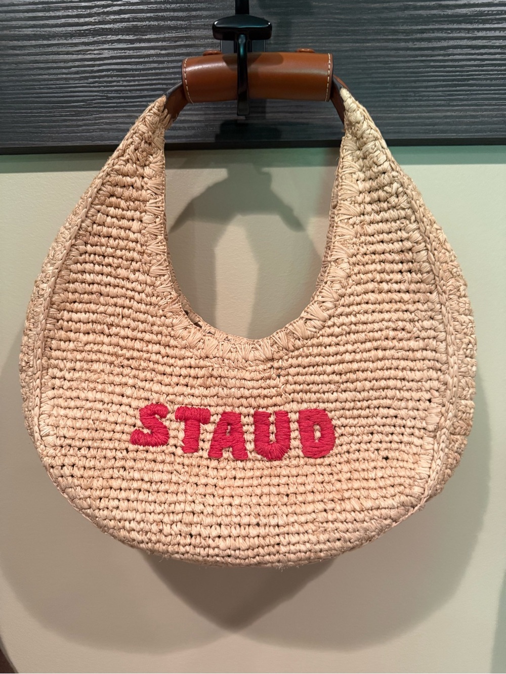 STAUD Moon Tote - Natural Straw Hobo with Blue Wave & Gray Shark Embroidery - Picture 2 of 7
